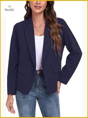 Lightweight Polyester Blazer Long Sleeve Notch Lapel Pockets Business Casual